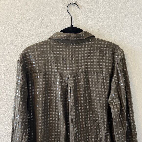 Maeve Anthropologie Blouse Size Med Sequined Olive Green Buttoned Shirt Chic - Picture 8 of 14